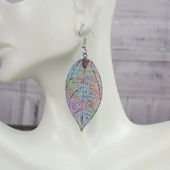 Beautiful Skeleton Leaf Dangle  Multi-Colored Earrings - Picture 4 of 4
